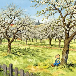 the far side brash, rich details by richard scarry, by rachel maclean. a beautiful assemblage depicting a farm scene. the assemblage shows a view of an orchard with trees in bloom.