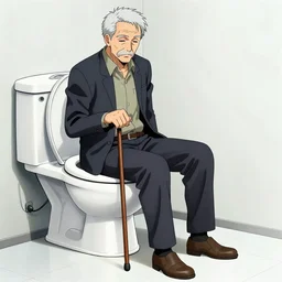 ‘comic book style art of an older man with a cane falls in a toilet by Toriyama Akira’