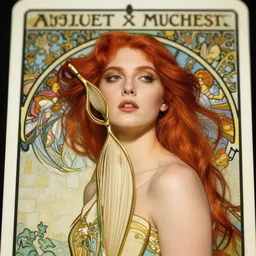 redhead woman, art nouveau, tarot card, deep focus, elegant, smooth, sharp focus, kodak portra, streetwear, 8 k, art by artgerm and alphonse mucha, maxfield parrish, james jean, yoji shinkawa, odilon redon, gaston bussiere, eugene grasset, janis rozentals
