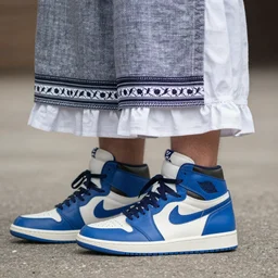 someone wearing amish plainclothes and french blue air jordan 1 2 s