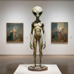 an alien statue in the modern art gallery, professional photo, sigma 5 0 mm