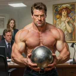 gigachad ron swanson bodybuilder holding metal sphere in final fight office by ilya kuvshinov, ernest khalimov body by krista sudmalis, fantasy character portrait, ultra realistic, concept art, intricate details, elegent, digital painting, smooth, sharp focus, illustration, art by artgerm and greg rutkowski and alphonse mucha, artstation