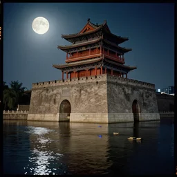 kodak portra 4 0 0 photographic and realistic, ancien chinese tower, temple, night, moonlight, detailed, octane render, unreal engine, 4 k, artstation, hyper realistic, wide angle, floor flooded, how a river, objects that float, 3 5 mm, sharp focus, soft light, volumetric light, in the style of gregory crewdson