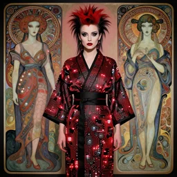 cute punk goth fashion fractal alien martian young Debbie Harry wearing kimono made of circuits and leds, surreal Dada collage by Man Ray Kurt Schwitters Hannah Höch Alphonse Mucha, red and black