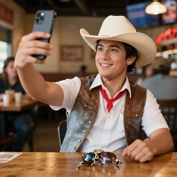 taking a selfie with a plastic cowboy at an applebee's, cell phone photo