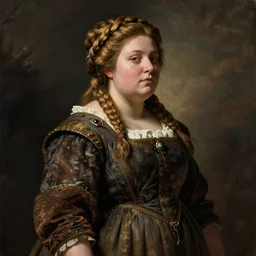 female dwarven noblewoman, chubby short stature, braided intricate hair, by gustave courbet