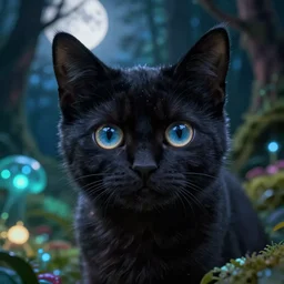 a stunning ultra detailed fantasy fine art closeup photo of a big eyed black cute kitten on a bioluminescent forest floor, by tomasz alen kopera and wlop, night, moonshine on the eyes, very detailed, shallow depth of field, 8 5 mm lens, soft lighting, artstation, highly coherent, 8 k