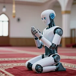 a robot praying in the mosque, realistic and detailed, 8 k
