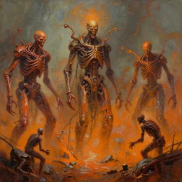 oil paint orange chrome wasteland of 1 1 horrifying gangrene machines as autolysis idols, terrifying, by wayne d barlowe, boris vallejo, stefano tamburini, torch light, muted colors, epic, hyper detailed, awe inspiring, award winning horror, hyper realism, cinematic