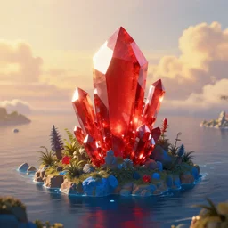 blue magical island, red crystal, art station, volumetric lighting, beautiful, golden hour, sharp focus, ultra detailed, concept art
