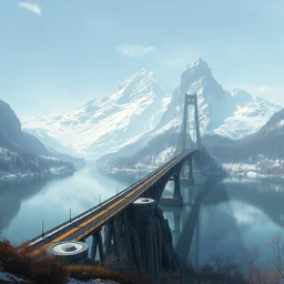 a very long thin and elegant fantasy bridge across a lake, scenic view, architectural, background of snowy mountain, concept art by anato finnstark and craig mullins, trending on artstation
