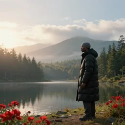 a serene landscape with a singular 🧔🏿♂ wearing a black winter puffer coat and a gray durag near a lake at sunrise, forest, mountains, clouds in the sky, concept art, octane render, unreal engine 5, trending on deviantart, highly detailed, high quality, 4 k, low contrast, path traced, godrays, bloom, ferdinand knab, beautiful landscape, red flowers, trending on artstation, soft lighting, hyperrealistic, digital art