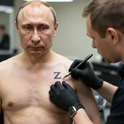 putin at a tattoo shop. had a single tattoo of the letter z on his chest. canon eos r 3, f / 1. 4, iso 2 0 0, 1 / 1 6 0 s, 8 k, raw.