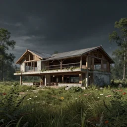 a beautiful detailed illustration of unfinished building architecture ranch - style nature industrial architecture urbex building by pierre de meuron, assassin's creed at night scumm bar meadow reclaimed by nature, archdaily, wallpaper, highly detailed, trending on artstation.
