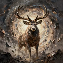 giant warrior stag in a vortex of rock, 8 k resolution fantasy painting, eyes, cinematic lighting, deviantart artstation, jason felix steve argyle tyler jacobson peter mohrbacher