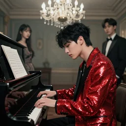 harmony neon red sequin jacket, ( black haired yoongi playing black piano under a chandelier ) by wlop, james jean, victo ngai, muted colors, highly detailed, fantasy art by craig mullins, thomas kinkade