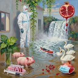 flood waters, a tall pathology student wearing scrubs and ppe in her apartment, vines, a river flooding inside, medical supplies, medical mask, syringes, pathology sample test tubes, pigs, plants in a glass vase, water, river, rapids, waterfall, canoe, pomegranate, berries dripping, swans, acrylic on canvas, surrealist, by magritte and monet