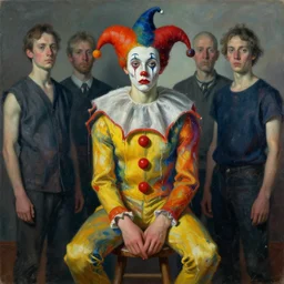 portrait of a nervous young harlequin sitting on a stool, by vincent lefevre and hernan bas and pat steir and hilma af klint, psychological, photorealistic, symmetrical face, dripping paint, washy brush, threads, rendered in octane, altermodern, masterpiece