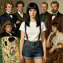a woman with black hair and long pixie haircut in shorts with suspenders and white t-shirt drawn by george bellows, gustave caillebotte, Alexandre Cabanel, norman rockwell, dominique ingres, maler collier, peter paul rubens, alphonse mucha, gustav klimt 4k, unreal 5, DAZ, french noveau, trending on artstation, octane render, hyperrealistic