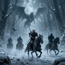 the wild hunt, spectres of the night, otherworldly wraiths, bad omens, riding, blizzard chaotic storm, enchanted forest, fog, snow, ice, dreamy, witcher 3, cinematic, breathtaking, vfx, physically based rendering, unreal 5, cgi, concept art, trending in artstation, intricate details, dark fantasy