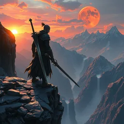 male warrior with greatsword standing on the egde cliff, next to the abyss, art by artgerm, greg rutkowski, blizzard entertainment, bleach character, fromsoftware concept art, dark souls cover art, elegant and intricate aesthetic, stunning landscape, mountain environment on sunset art