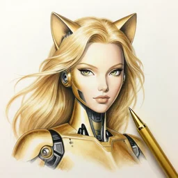 golden pencil drawing of beautiful robot - cat woman face, goddess, beautiful blonde hair flying in the wind, hyper realistic face, in the style of greg rutkowski, fantasy, amazing detail, epic, elegant, smooth, sharp focus, from the front