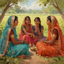 aesthetic painting of indian rural women talking, trending on artstation, detailed digital art