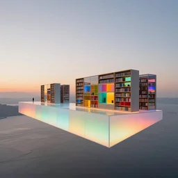 by james turrell and lawrence alma - tadema : translucent colloid linear segmented spatial timeline ux made physical : candid photo of sunrise futuristic floating open - air design studio : designed by jony ive ( glowing panels stacked into the distance with vast explorable oled libraries filled with colorful portal cubbies to shrunken spaces ) floating in midair,