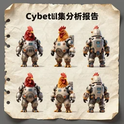 a chicken in a cybertech battle suit, analysis report, detailed information, old pleated paper, on draft paper, three views.