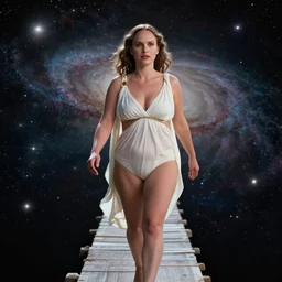 film still of curvy natalie portman, focus - on - facial - detail!!!!!!!!!!!!, walking on an invisible bridge, similar to the bifrost, toward an endless abyss in space, wearing a white flowy bikini inspired by ancient roman clothing, beautiful astronomical background with galaxies and nebulas, lack of sunlight, darkness of space, focus on facial detail, 8 k resolution, cinematic lighting, anatomically correct, by christopher nolan