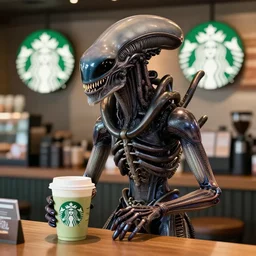 The Xenomorph working at Starbucks, very detailed, portrait, digital artwork, 8k, masterpiece.