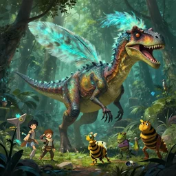 ichithyosaur jurassic park world ark evolution land before time forest creature epic digital fantasy style beeple, by thomas kinkade league of legends dofus overwatch concept art, style of makoto shinkai, xision, james jean and peter mohrbacher, studio ghibli, artgerm, karol bak, dan mumford global illumination rtx bioluminescent wooly feather