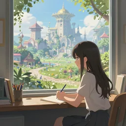a beautiful anime-style digital concept painting of a young woman studying alone in front of a window with a view of a fantasy world, by Stanley Artgerm Lau, WLOP, Rossdraws, LeraPi, and Sakimichan, trending on artstation