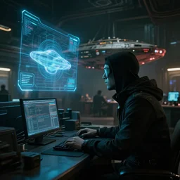a stealthy cyberpunk spy looking at a spaceship hologram at the shady office with the futuristic shanghai spaceship hangar in the background, busy, dark, cyberpunk, moody, ambient lighting, syd mead, artgerm, artstation, octane render