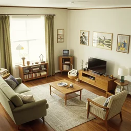 a birdseye view over furnished retro style room, by norman rockwell
