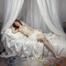 liquid marble acrylic paint from victorian era of beautiful model sleeping in white curtains, surreal
