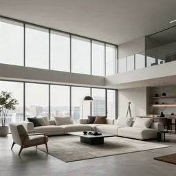 brutalist penthouse open living room, big windows, showing city landscape on background, minimalist architecture, minimalist furniture, octane render, high quality, 8 k, post production