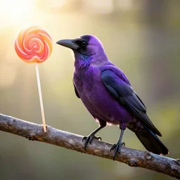 backlit purple crow on a branch, bright sun made of lollipop