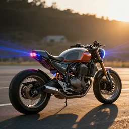 vaporware retro futuristic motorcycle with neon led lasers, 4 k, golden hour