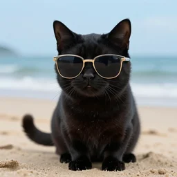 A still of a black cat wearing sunglasses at a beach, award winning photo, unreal engine, highly detailed features