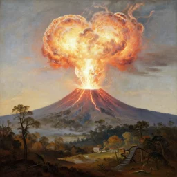 an exploding volcano seething, ethereal landscape, claude lorrain pastoral landscape