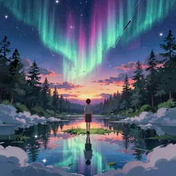 patchouli walking in cloud pond forest dusk, fractal dreamscape, shattered sky cinematic, shooting stars, aurora borealis mirror reflection, vibrant colors, digital anime illustration, award winning, by makoto shinkai