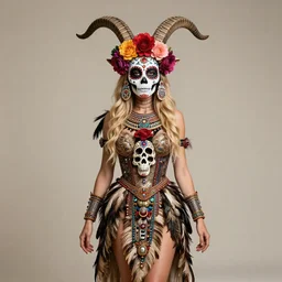 champagne blonde lady changeling mythical satyr, humanoid with goat horns and goat legs, mid - waist self - portrait, perfect symmetry, intricate, dia de los muertos, skulls and flowers mask, aztec ultra detailed feathered dress 4 k resolution, octane rendering, ultra realistic, photo realism, beeple, 2 0 mm