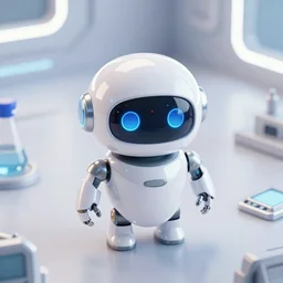 a cute rounded tiny robot looking up at the camera smiling, made out of shiny reflective white metal, standing on a lab table holding lab tools, 3 d render, white neon lighting, pixar style, futuristic, science fiction, high angle shot, macro, wholesome, seen from above