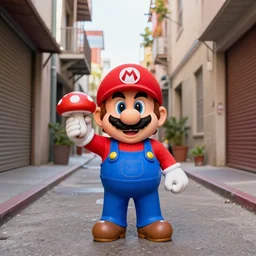 super mario as a drug dealer selling a magical mushroom in the alleys of los angeles, super mario in real life, red hat, blue overalls, mario holds a magic mushroom in his hand, canon eos r 3, f / 1. 4, iso 2 0 0, 1 / 1 6 0 s, 8 k, raw, unedited, symmetrical balance, wide angle