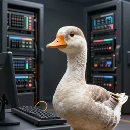 Hacker goose with a keyboard in the mainframe, digital art, RTX on, perfect face, directed gaze, intricate, Sony a7R IV, symmetric balance, polarizing filter, Photolab, Lightroom, 4K, Dolby Vision, Photography Award