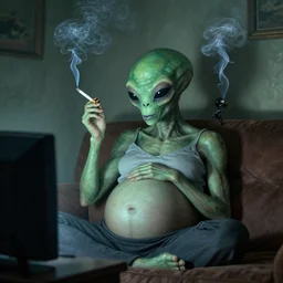 pregnant alien smoking cigarette and watching tv, 8 k photo,