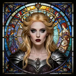 masterpiece head-on symmetrical centered portrait, Meaghan Martin as a Gothic Warrior, blonde hair, gothic stained glass style, tarot card style, elegant, distant, in the style of Edgar Maxence and Ross Tran and Zdzisław Beksiński and Michael Whelan and Mucha and Gustave Doré, specular highlights, 8k, octane render