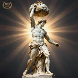 greek statue of a man lifting a bag into the air in front of him dramatically