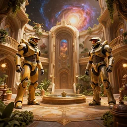 warm coloured, highly detailed cinematic scifi render of 3 d sculpt of luxurious scifi futuristic victorian garden courtyard, beeple, halo, star wars, ilm, star citizen, halo, mass effect, high tech industrial, artstation unreal, nebula, 4 k, 8 k, hd